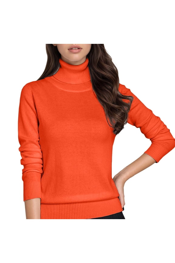 Sweaters for Women Pullover Turtleneck Knit Tops Solid Color Long Sleeve Sweater Orange XL