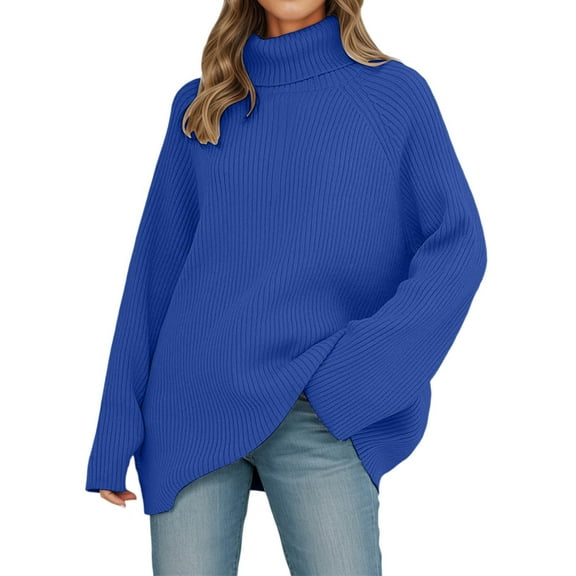 DuoJiaJ Sweaters for Women Turtleneck Pullover Oversized Knit Long Sleeve Sweater Winter Cozy Loose Sweater Tops Blue L
