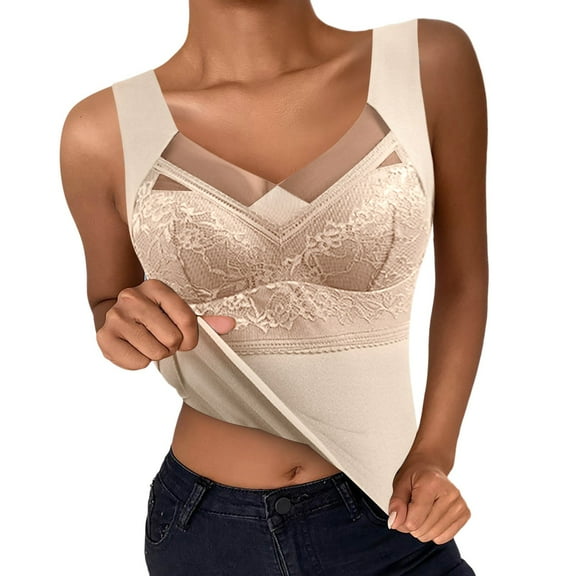 DuoJiaJ Tank Top for Women V Neck Lace Camisole Tops Beige