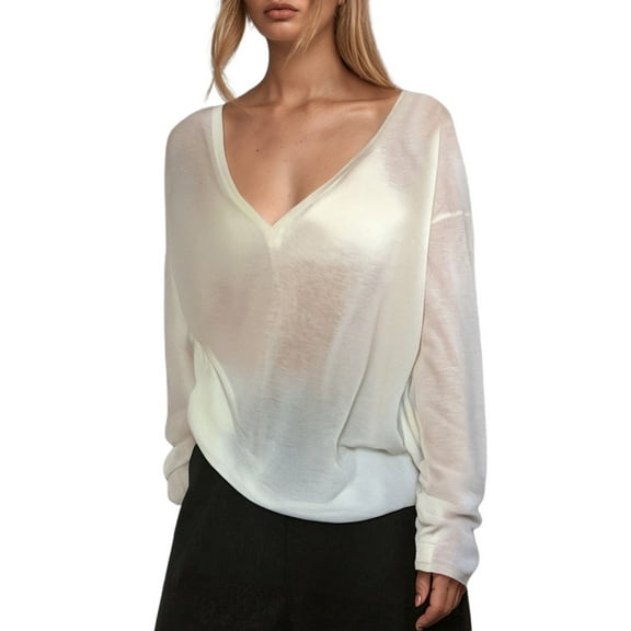 DuoJiaJ Thin And Slightly Transparent V Neck Long Sleeved T Shirt For Women Loose Sun Blouse Casual Lazy Style Top Women’s V-Neck Tops White