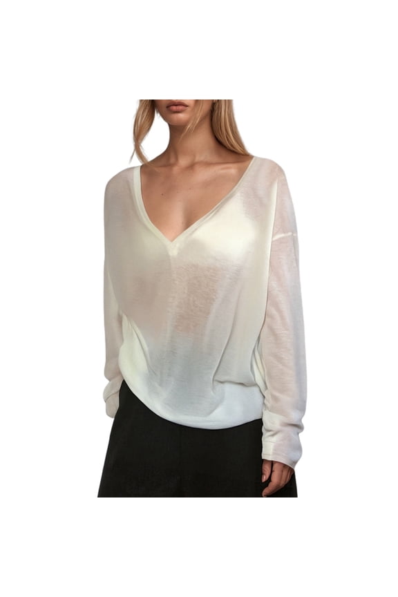 Thin And Slightly Transparent V Neck Long Sleeved T Shirt For Women Loose Sun Blouse Casual Lazy Style Top Women’s V-Neck Tops White