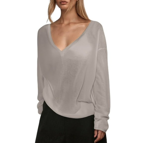 DuoJiaJ Thin And Slightly Transparent V Neck Long Sleeved T Shirt For Women Loose Sun Blouse Casual Lazy Style Top Women’s V-Neck Tops Yellow