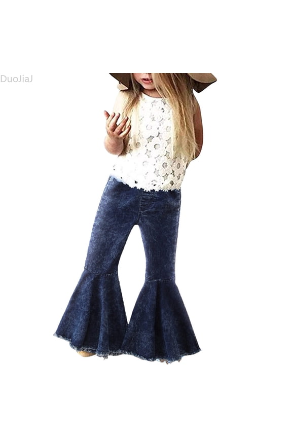 Toddler Denim Bell Bottom Pants Baby Girls Trousers Ruffle Flare Jeans For Kids 1-6Y Girls Bootcut Jeans Size 1-2 Years,Blue