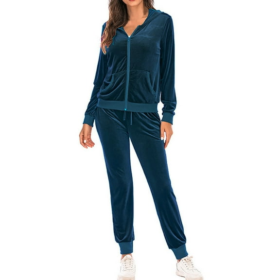 DuoJiaJ Track Suits for Women Set Casual 2 Piece Outfits Sweatsuit Blue L