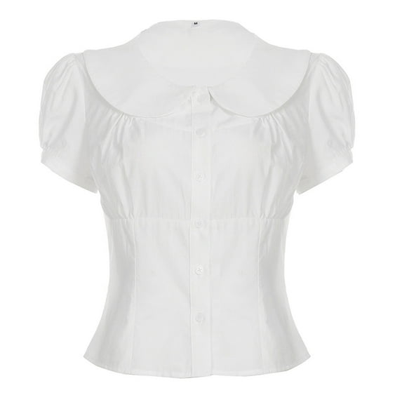 DuoJiaJ Trendy Women's Short Sleeve Shirts For Casual Wear Stylish Slim Fit Button Up Cropped Top For Young Women Women's Blouses White L