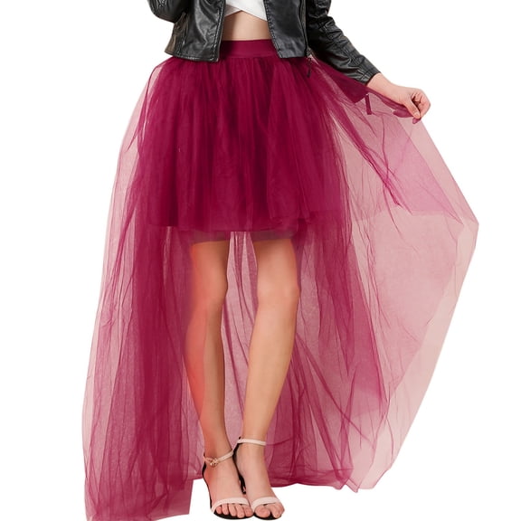 DuoJiaJ Tulle Skirts for Women Front Short Back Long Puffy Skirt Tutu Adult Dancing Skirts,Red One Size