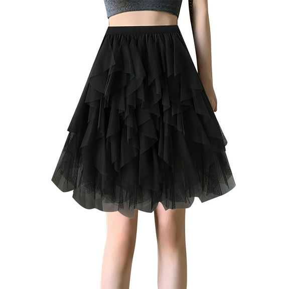 DuoJiaJ Tulle Skirts for Women Knee Length A-Line High Waist Layered Prom Party Midi Skirt,Black One Size