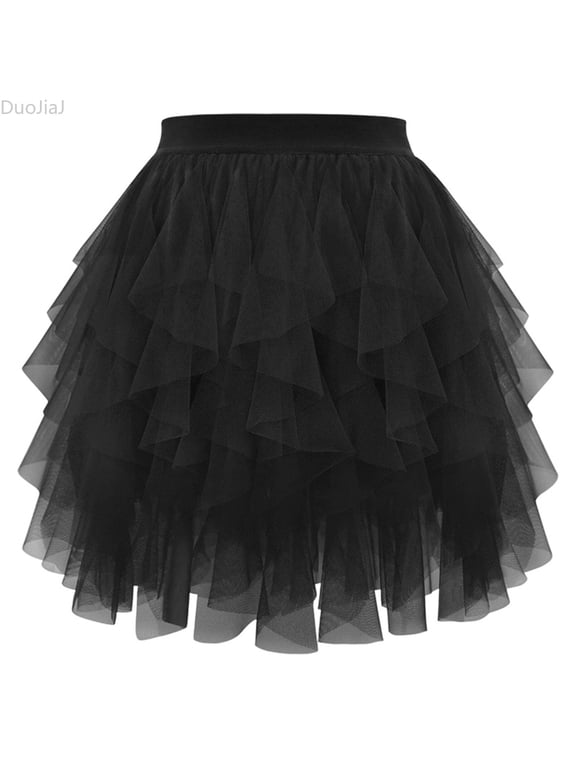 Tulle Skirts for Women Layered High Low Asymmetrical Midi Length Elastic Waist Mesh Tutu Skirt Black XL
