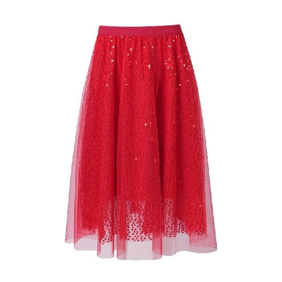DuoJiaJ Tulle Skirts for Women Layered Pleated A-Line Mesh Elegant High Waist Midi Length Party Skirts,Red S
