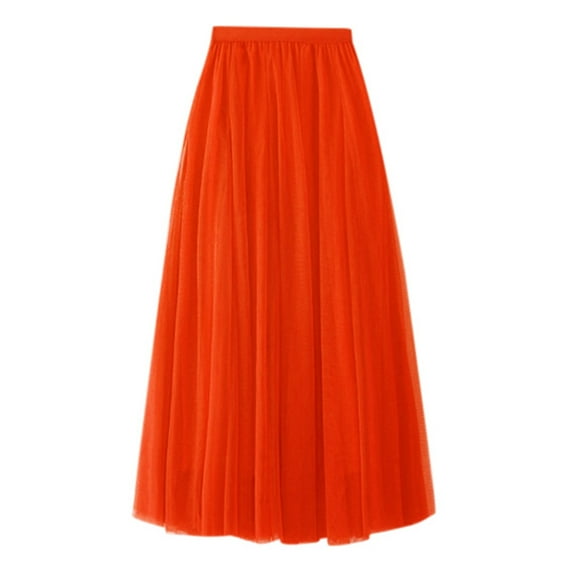 DuoJiaJ Tulle Skirts for Women Pleated A-Line Solid Color Skirts,Orange M