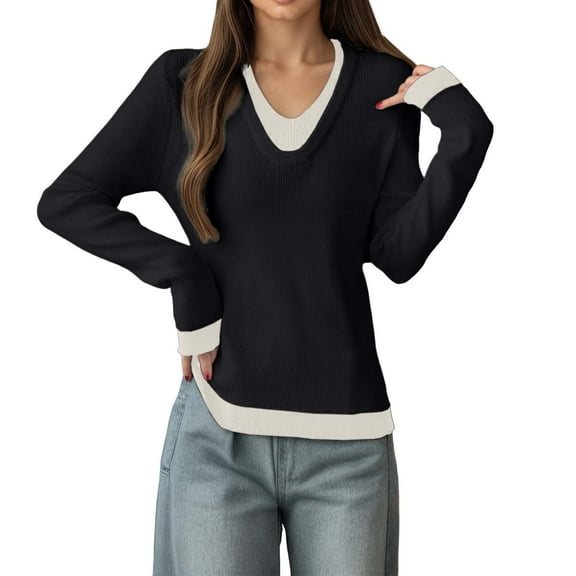 DuoJiaJ Two Tone Collar Pullover Sweater Long Sleeve Knitted Top Lined Layering Shirt Sweater Women Black One Size