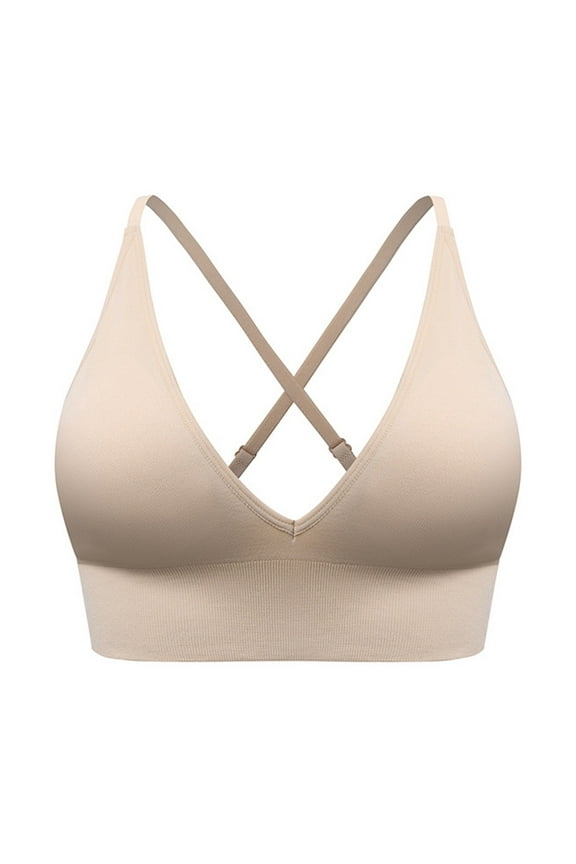 V Neck Adjustable Spaghetti Straps Sports Bra for Women Padded Criss Cross Back Yoga Bra Beige