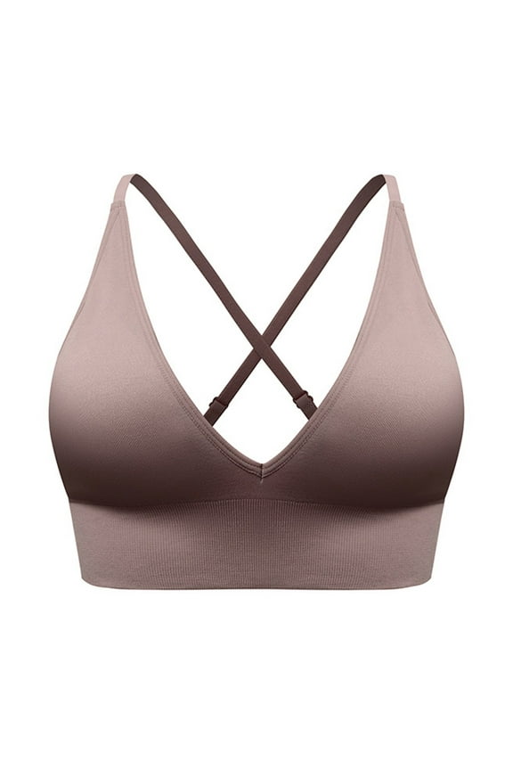 V Neck Adjustable Spaghetti Straps Sports Bra for Women Padded Criss Cross Back Yoga Bra Brown