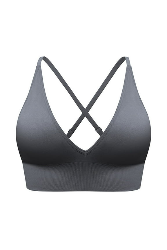 V Neck Adjustable Spaghetti Straps Sports Bra for Women Padded Criss Cross Back Yoga Bra Gray