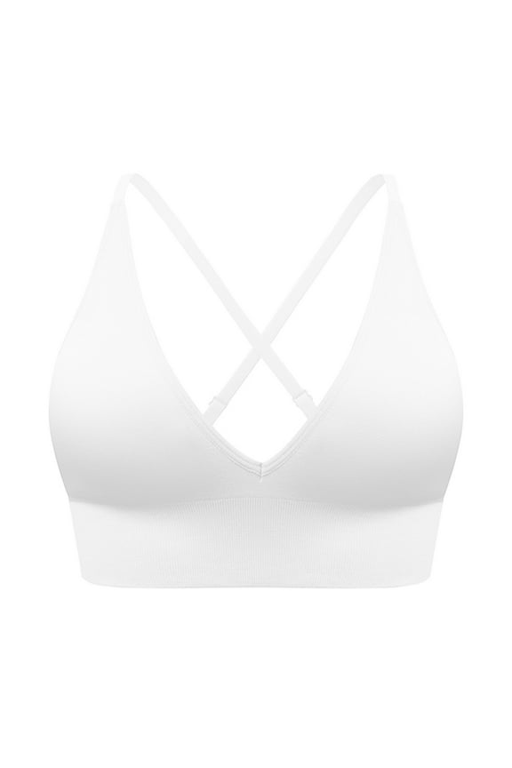 V Neck Adjustable Spaghetti Straps Sports Bra for Women Padded Criss Cross Back Yoga Bra White