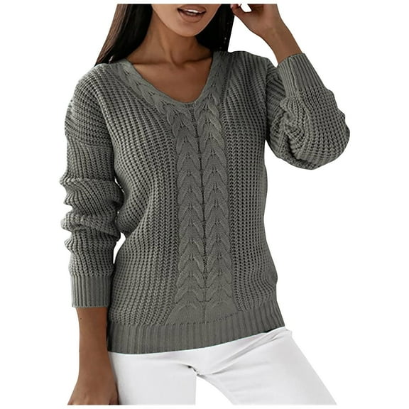 DuoJiaJ V Neck Cable Knit Sweaters for Women 2025 Long Sleeve Ribbed Fitted Pullover Tops Business Casual Fall Outfits Gray XXL