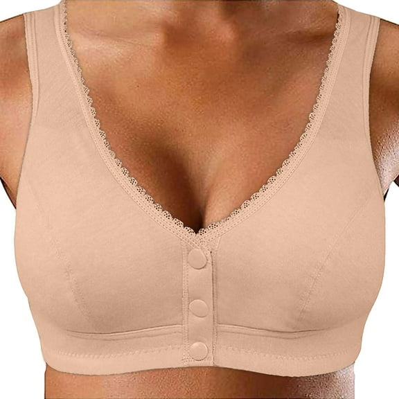DuoJiaJ V Neck Front Closure Bras for Women Wireless Full Coverage Comfortable Seamless Everyday Bra Beige