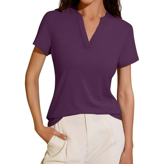DuoJiaJ V Neck Loose Fit Short Sleeve Shirt For Women Spring Summer Tail Hem Blouse Top Women’s High-Neck Workout Tops Purple