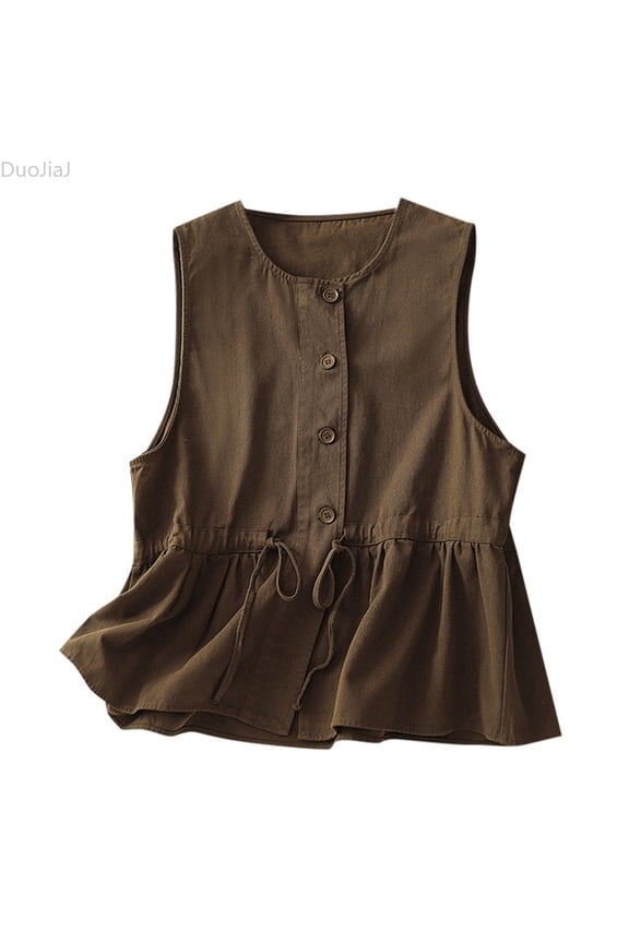Vest Outerwear for Women, Round Neck Ruffled Edge Loose Fit Brown M