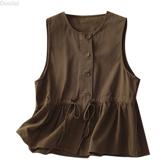 DuoJiaJ Vest Outerwear for Women, Round Neck Ruffled Edge Loose Fit Brown XXL