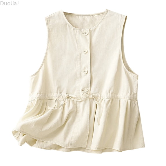 DuoJiaJ Vest Outerwear for Women, Round Neck Ruffled Edge Loose Fit White M