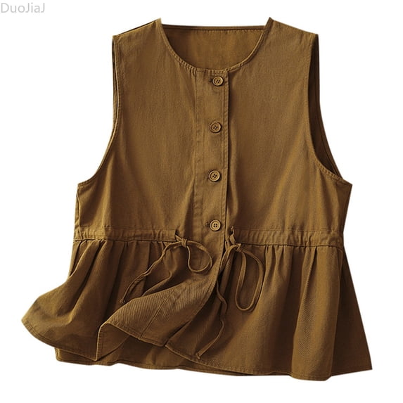 DuoJiaJ Vest Outerwear for Women, Round Neck Ruffled Edge Loose Fit Yellow M