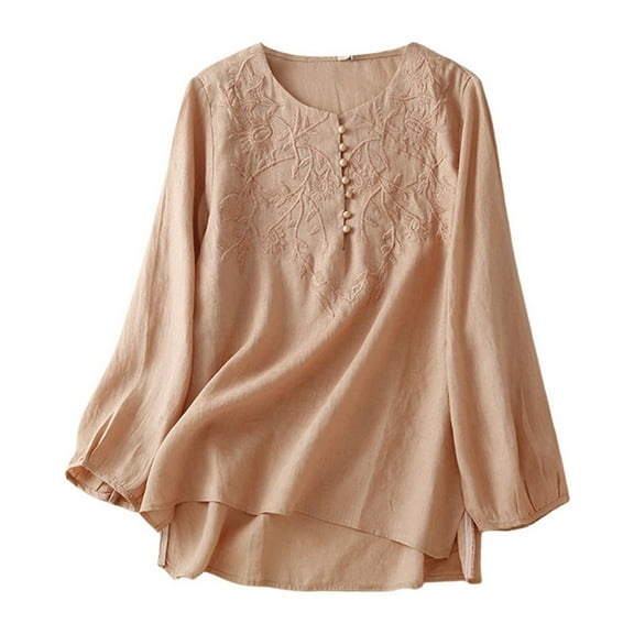 DuoJiaJ Vintage C Embroidered Cotton Linen T Shirt For Women Casual Loose Fit Top Women’s Boho Flowy Summer Tops Pink