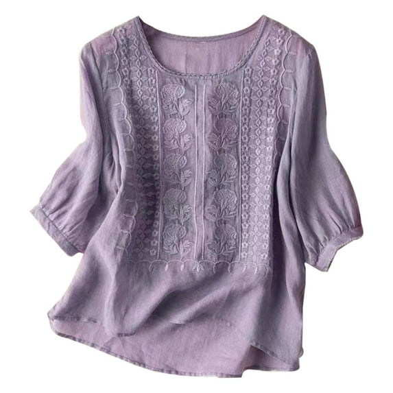 DuoJiaJ Vintage Embroidered Cotton Linen T Shirt For Women Casual Loose Fit Top Women’s Wrinkle-Free Button-Down Shirts Purple