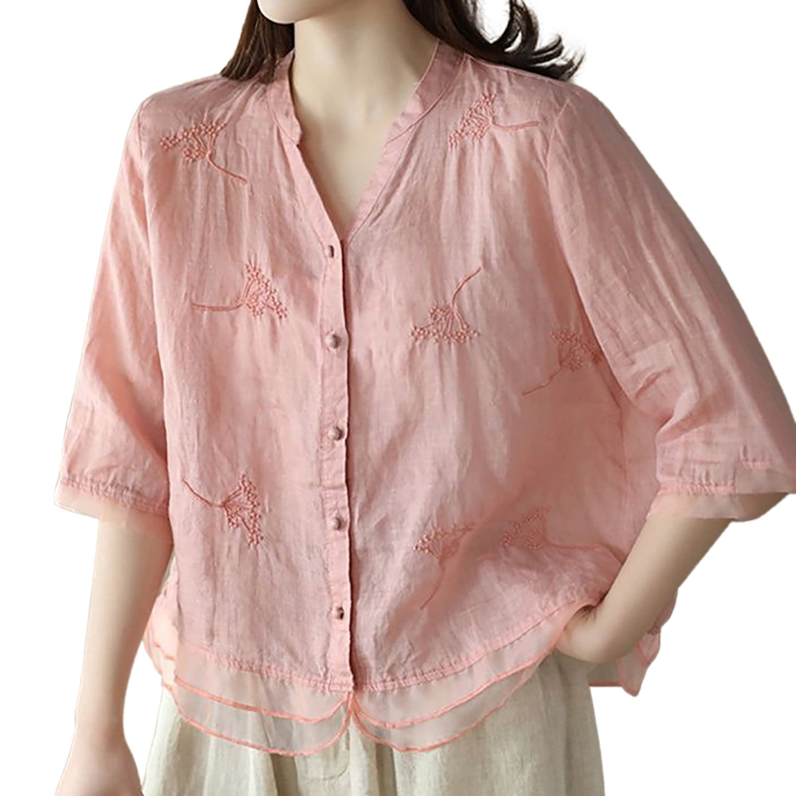 Cardydony Women's Retro Denim Texture Pattern Cotton Linen Sleeve T-shirt main image 1