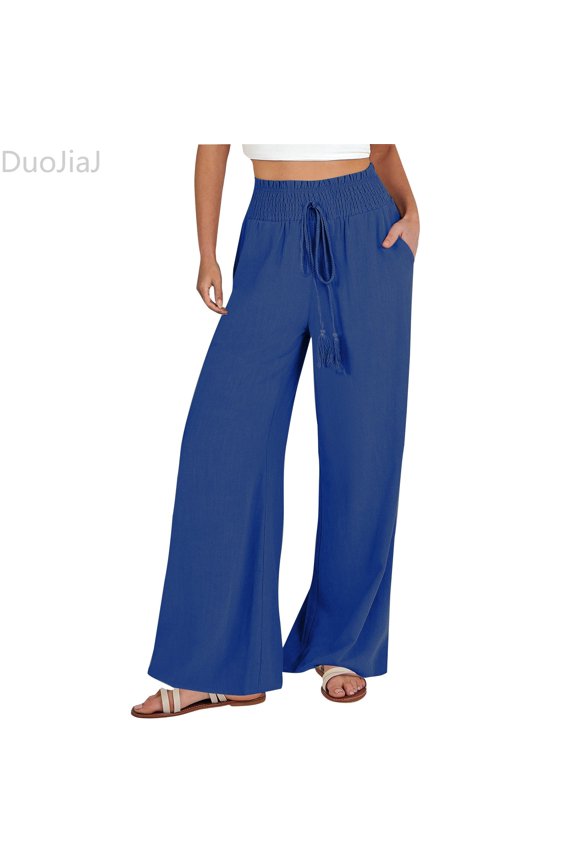 Wide Leg Pants For Women Elastic Drawstring Waist Loose Casual Trousers Summer Beach Boho Resort Wear Women's Wide Leg Pants Blue XXL