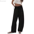 thumbnail image 1 of DuoJiaJ Wide Leg Pants for Women Drawstring Elastic Waist Trousers with Pockets Summer Beach Vacation Clothes Black XL, 1 of 4
