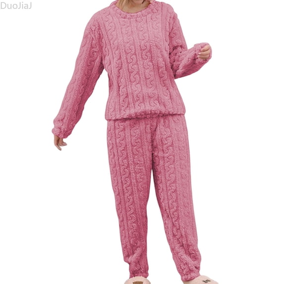 DuoJiaJ Winter Solid Jacquard Sleepwear Cozy Flannel Pajamas For Thermal Loungewear Two Piece Outfit Homewear Pajamas For Women Pink One Size