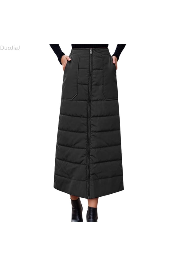 Winter Thickened Down Skirt Elegant Mid Length Casual Warm A Line Outerwear Fashion Skirts For Women Black M