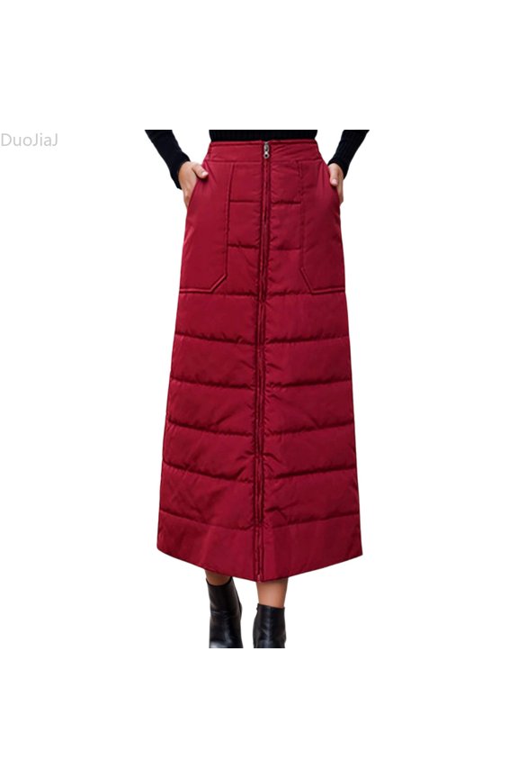 Winter Thickened Down Skirt Elegant Mid Length Casual Warm A Line Outerwear Fashion Skirts For Women Red M