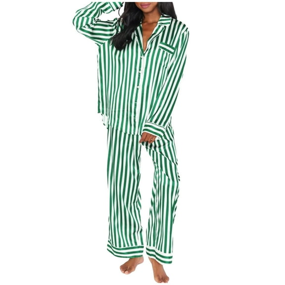 DuoJiaJ Women 2 Piece Pajamas Set Striped Printed Long Sleeve Button Down Shirt And Pants Sleepwear Silk Pajamas For Women Green