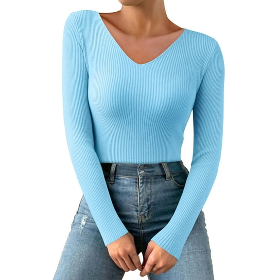 DuoJiaJ Women Autumn And Winter V Neck Casual Knitted Long Sleeved Pullover Thermal Top Warm Underwear For Women Blue One Size