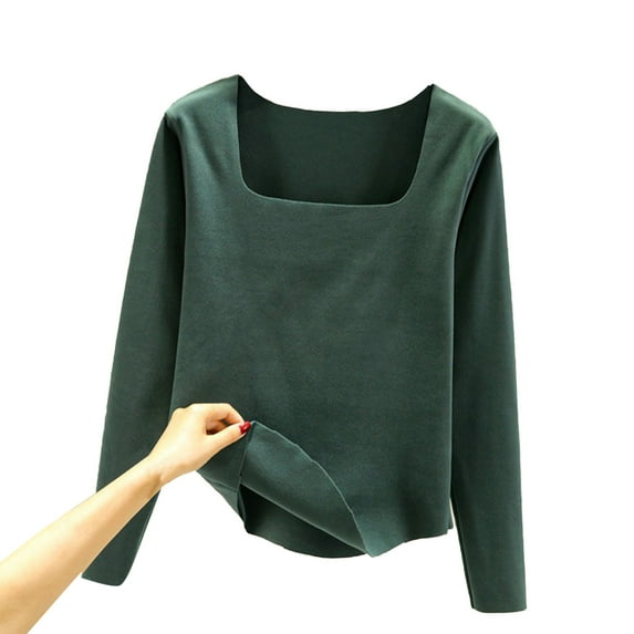 DuoJiaJ Women Autumn/Winter Solid Color Body Fit Square Neck Long Sleeve Thermal Top Women's Thermal Underwear Set Fleece-Lined Green XL