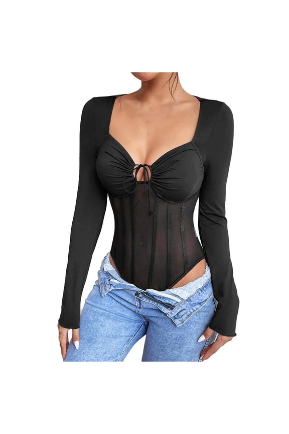 Women Black Long Sleeve Playsuit Lace Up Tights Bodysuit Sexy Body Suit Top Women’s Lace Trim Casual Blouses Black