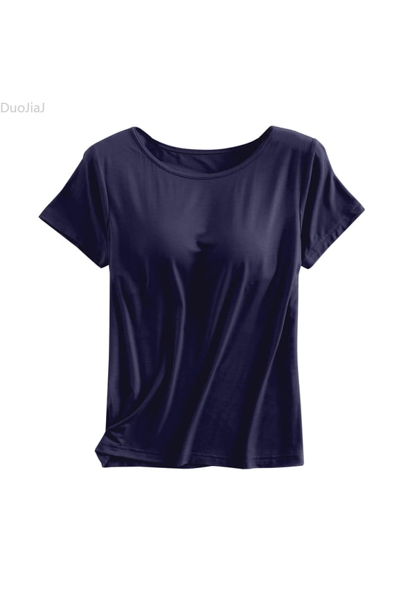 Women Built-in Bra T Shirt Top Short Sleeve Round Neck Basic Tees Casual Fitted Going Out Tops Blue M