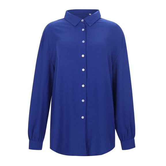 DuoJiaJ Women Casual Button Down V Neck Blouses Long Sleeve Solid Color Tops Relaxed Fit Shirts Women's Linen Shirts Blue L