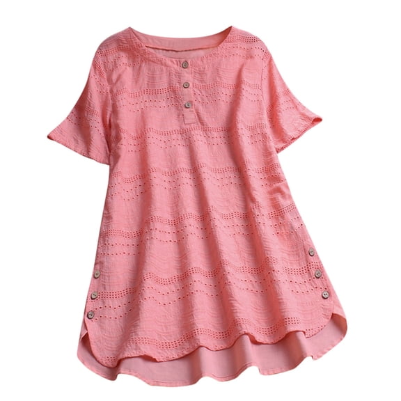 DuoJiaJ Women Casual Embroidery Eyelet Short Sleeve Lightweight T Shirt Tops Button Down Crew Neck Loose Fit Tee Shirts Women’s Athletic Racerback Tank Tops Pink