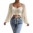 thumbnail image 1 of DuoJiaJ Women Casual Solid Color Blouse Drawstring Balloon Sleeve Skinny Cropped Long Sleeve Top Women’s Summer Tops Beige, 1 of 5