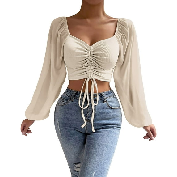 DuoJiaJ Women Casual Solid Color Blouse Drawstring Balloon Sleeve Skinny Cropped Long Sleeve Top Women’s Summer Tops Beige