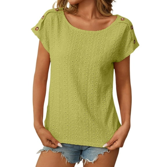 DuoJiaJ Women Casual Solid Color Blouse Jacquard Hollow Short Sleeved Top Casual V-Neck Tops Yellow XXL