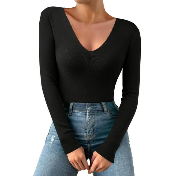 DuoJiaJ Women Casual Solid Color Deep V Neck Stretch Knit Long Sleeve Top Womens Thermal Underwear Black One Size