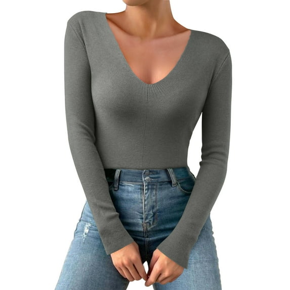 DuoJiaJ Women Casual Solid Color Deep V Neck Stretch Knit Long Sleeve Top Womens Thermal Underwear Gray One Size