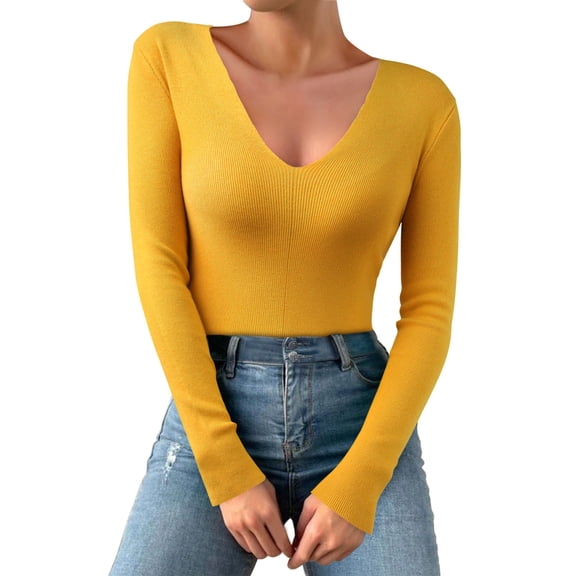 DuoJiaJ Women Casual Solid Color Deep V Neck Stretch Knit Long Sleeve Top Womens Thermal Underwear Yellow One Size