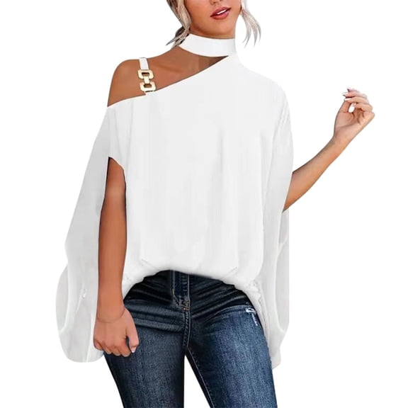 DuoJiaJ Women Casual Solid Halter Neck Button Strap Cold Shoulder Irregular Short Sleeves Shirt Blouse Top Women's Long Sleeve Shirts White XL