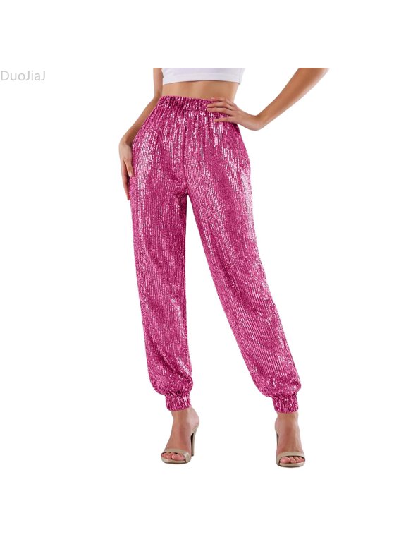 Women Casual Sparkle Sequin Glitter Bling Yoga Pants Slim Leg Leggings Red L