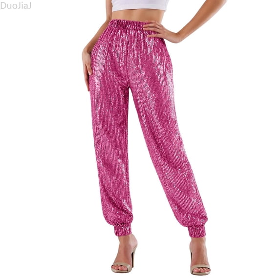 DuoJiaJ Women Casual Sparkle Sequin Glitter Bling Yoga Pants Slim Leg Leggings Red S